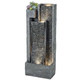 40" Tall Outdoor Waterfall Fountain with LED Lights and Planter, 3-Tier Cascading Waterfall Feature with Pump, Dark Gray