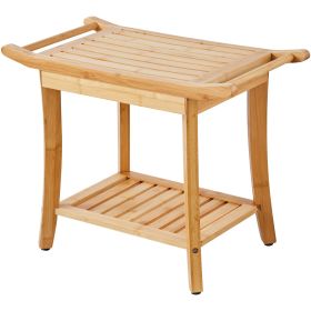 Bamboo Shower Bench, 24 x 13.8 x 18.9 in, Waterproof Shower Stool Chair with Storage Shelf Handle, 300 lbs Load Capacity Spa Bath Seat Organizer