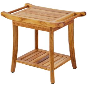 Teak Shower Bench, 22 x 14.4 x 18.5 in, Waterproof Wood Shower Stool with Storage Shelf Handle Non-Slip Feet